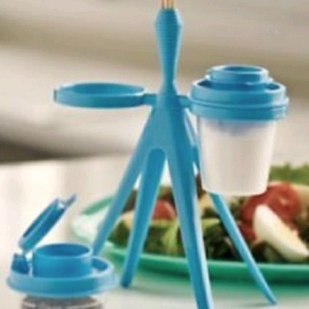 Tupperware Sky Blue Salt N Pepper Shakers Set w/Holstered Stand-Holds Toothpicks